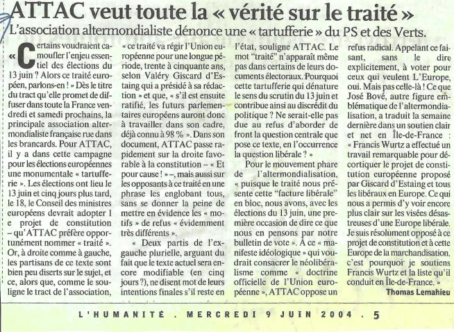 ATTAC veut toute la «vérité sur le traité» L'association altermondialiste dénonce une « tartufferie » du PS et des Verts.