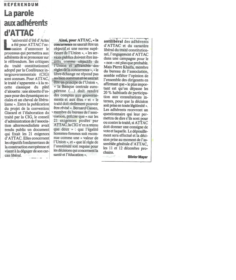 La parole aux adhérents d'ATTAC - L'Humanité le 31 août 2004 1 La parole aux adhérents d'ATTAC