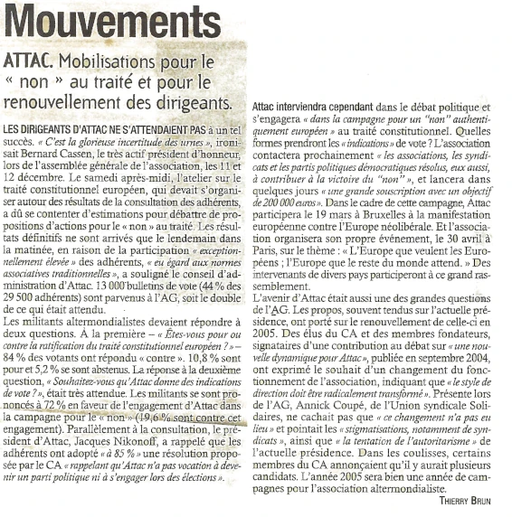 ATTAC. Mobilisations pour le non » au traité - Politis le 10 décembre 2004 1 ATTAC. Mobilisations pour le non » au traité